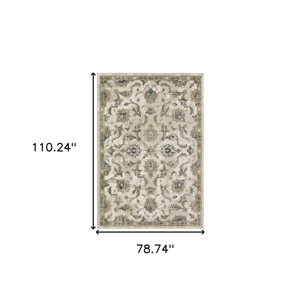 7' X 9' Beige And Gold Oriental Distressed Area Rug