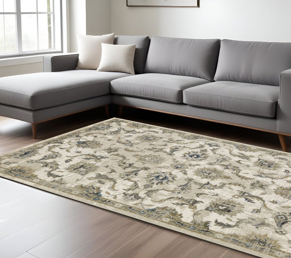 7' X 9' Beige And Gold Oriental Distressed Area Rug