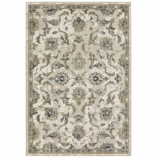 10' X 13' Beige Gold Blue And Grey Oriental Power Loom Stain Resistant Area Rug