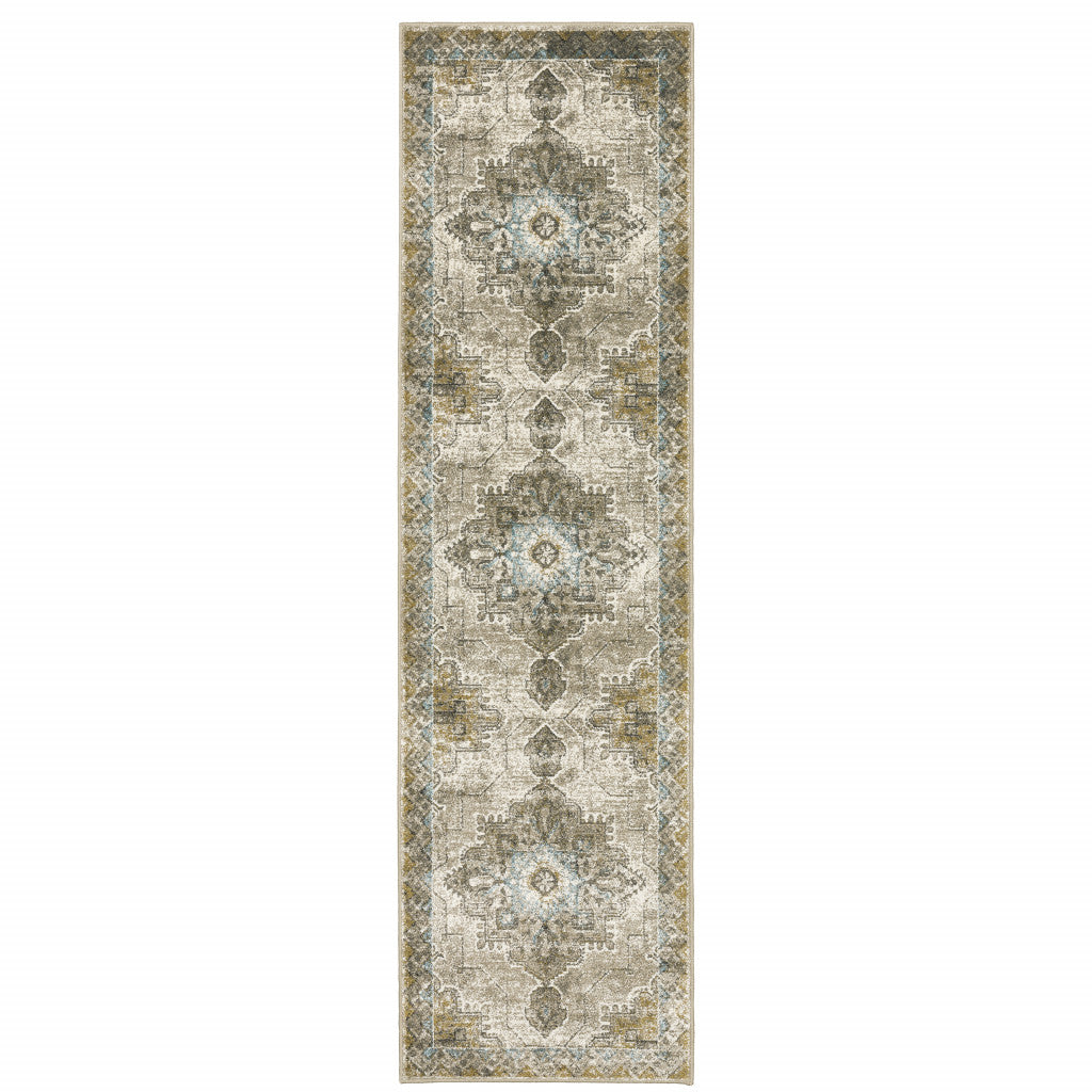 2' X 8' Grey Blue Beige And Gold Oriental Power Loom Stain Resistant Runner Rug