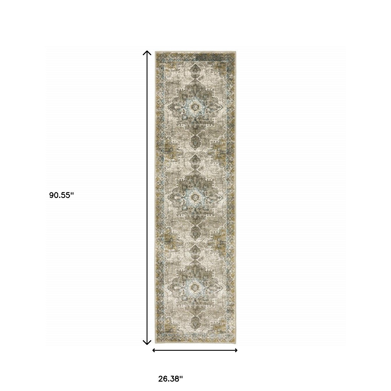 2' X 8' Grey Blue Beige And Gold Oriental Power Loom Stain Resistant Runner Rug