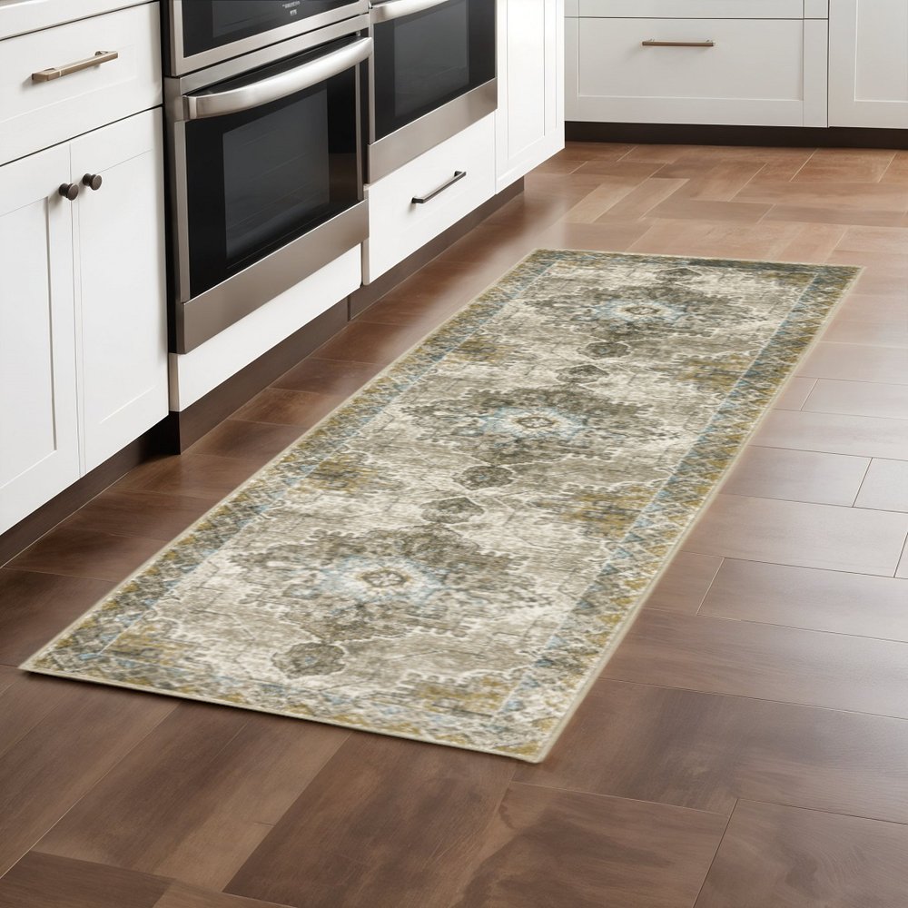 2' X 8' Grey Blue Beige And Gold Oriental Power Loom Stain Resistant Runner Rug