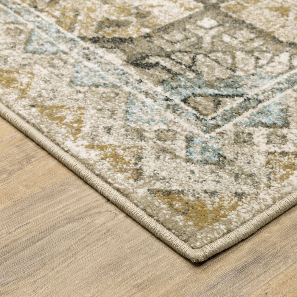 2' X 8' Grey Blue Beige And Gold Oriental Power Loom Stain Resistant Runner Rug