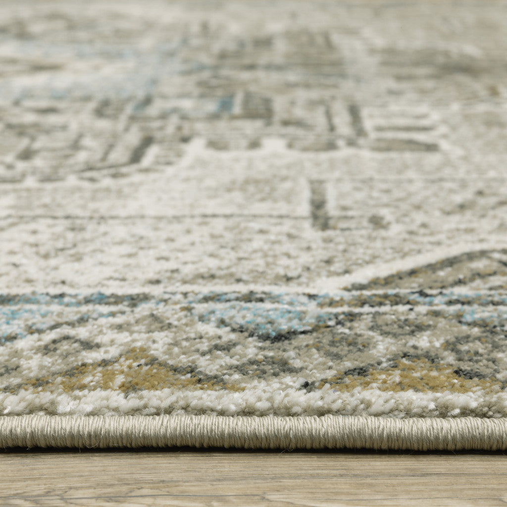 2' X 8' Grey Blue Beige And Gold Oriental Power Loom Stain Resistant Runner Rug