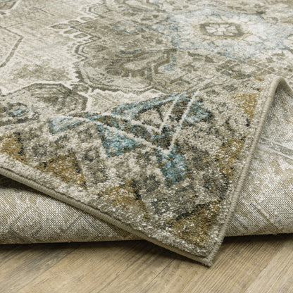 2' X 8' Grey Blue Beige And Gold Oriental Power Loom Stain Resistant Runner Rug