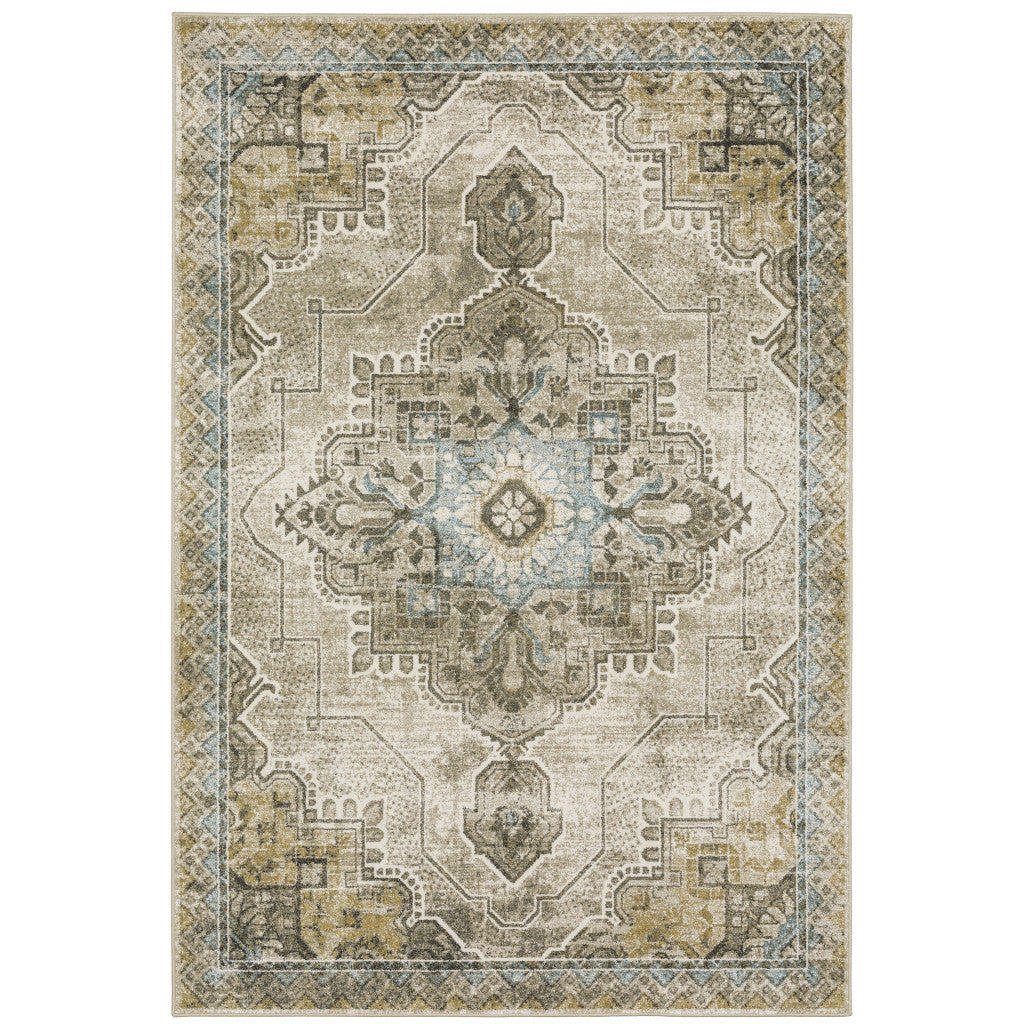 4' X 6' Grey Blue Beige And Gold Oriental Power Loom Stain Resistant Area Rug