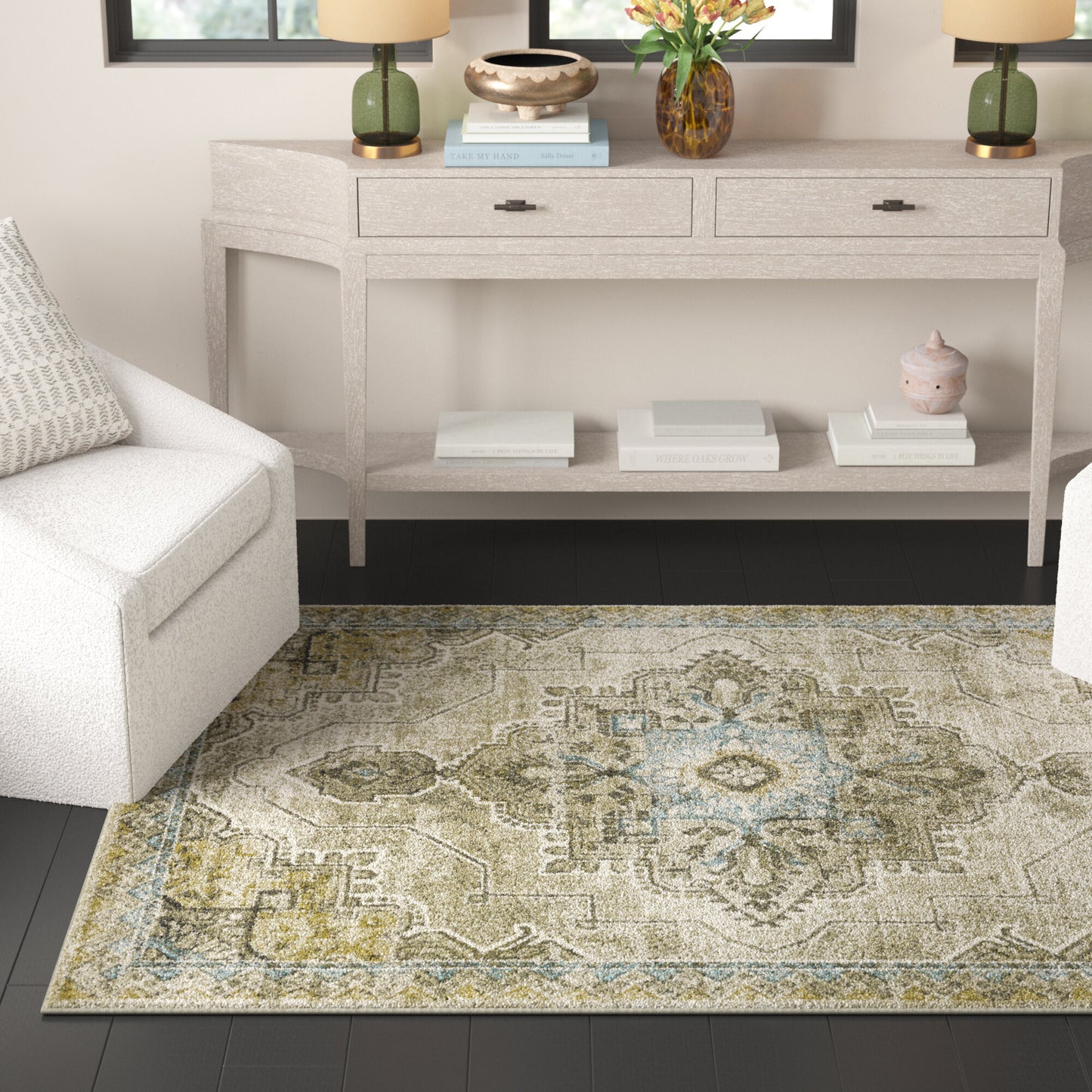 4' X 6' Grey Blue Beige And Gold Oriental Power Loom Stain Resistant Area Rug