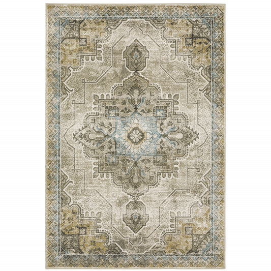 5' X 7' Grey Blue Beige And Gold Oriental Power Loom Stain Resistant Area Rug