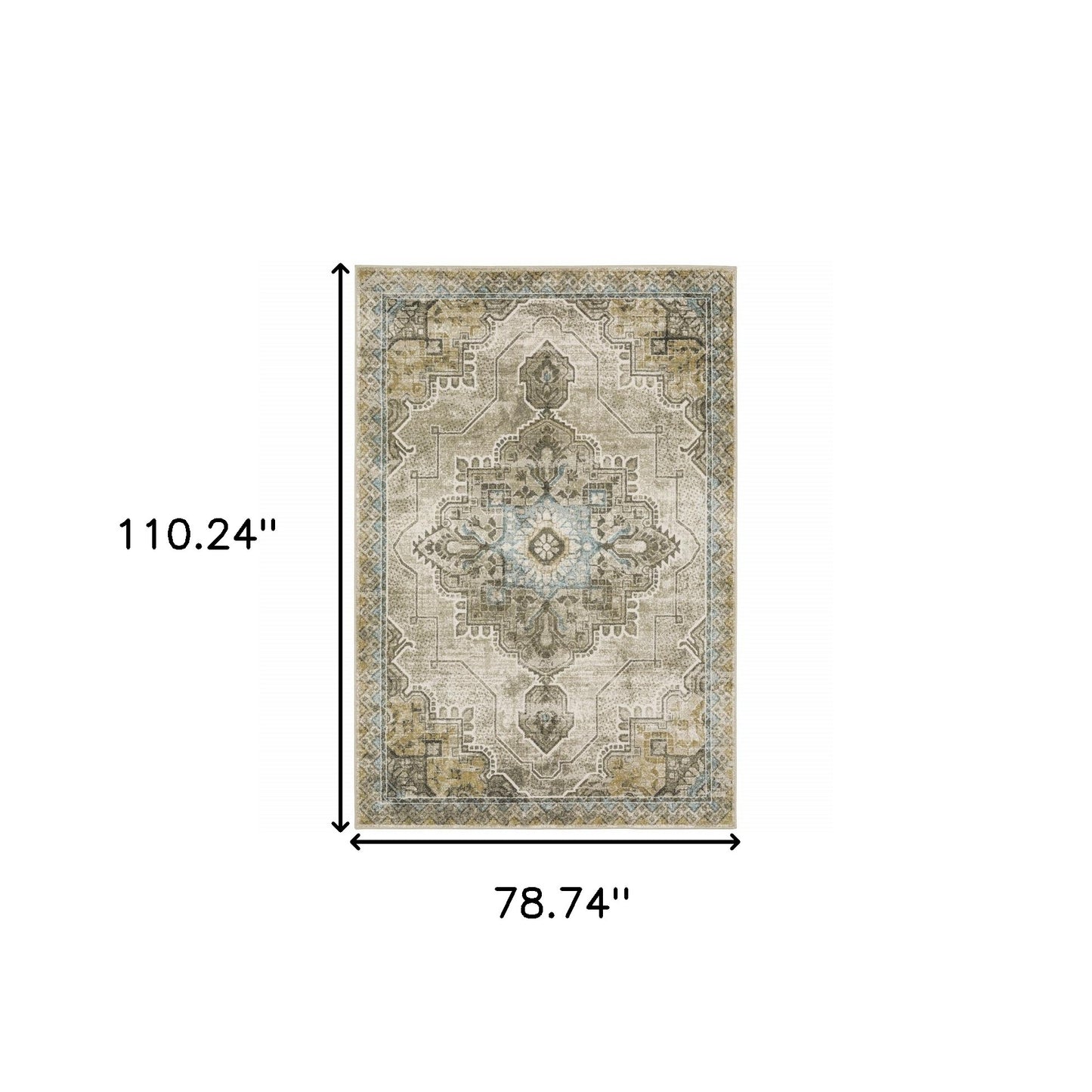 6' X 9' Grey Blue Beige And Gold Oriental Power Loom Stain Resistant Area Rug