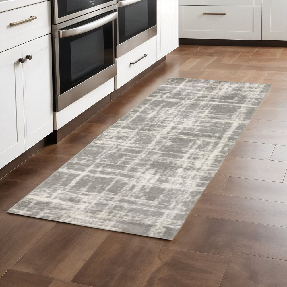 2' x 8' grey and ivory abstract shag runner rug, power loom, stain resistant.