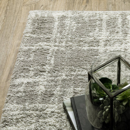 2' X 8' Grey And Ivory Abstract Shag Power Loom Stain Resistant Runner Rug