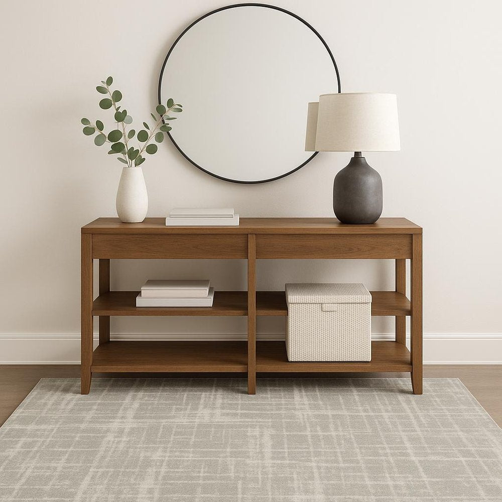 4' x 6' grey and ivory abstract shag area rug; power loom; stain resistant.