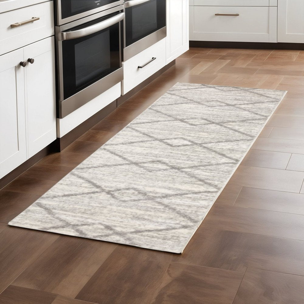 2' x 8' Ivory and Grey Geometric Shag Power Loom Stain Resistant Runner Rug