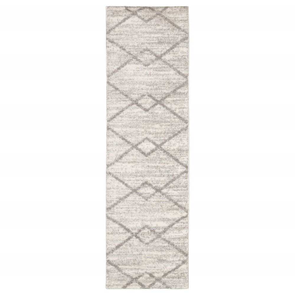 2' X 8' Ivory And Grey Geometric Shag Power Loom Stain Resistant Runner Rug