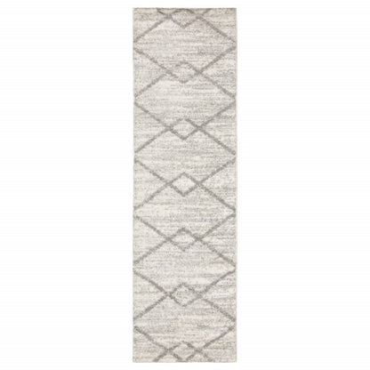 2' X 8' Ivory And Grey Geometric Shag Power Loom Stain Resistant Runner Rug
