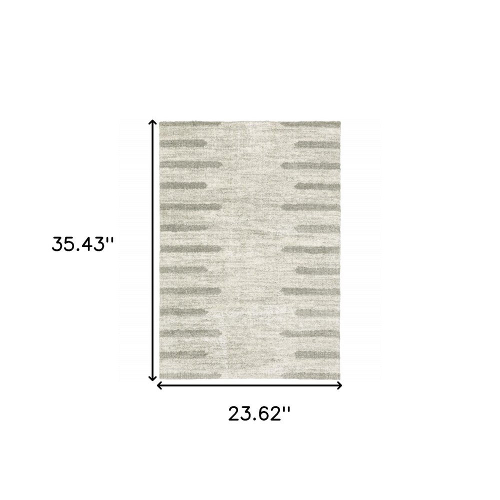 2' x 3' ivory and grey geometric shag area rug, power loom, stain resistant.