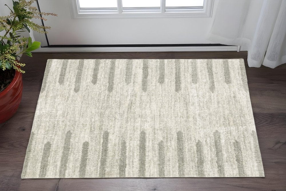 2' X 3' Ivory And Grey Geometric Shag Power Loom Stain Resistant Area Rug