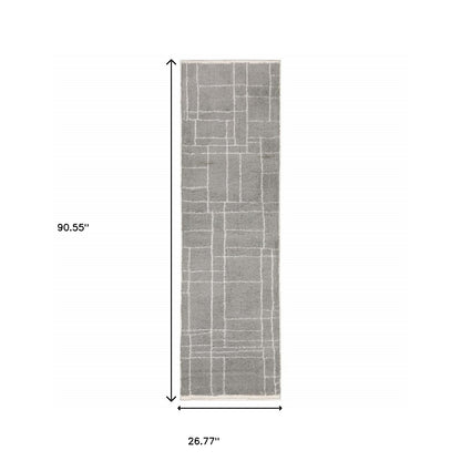 2' X 8' Grey And Ivory Geometric Shag Power Loom Stain Resistant Runner Rug