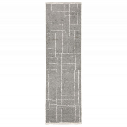 2' X 8' Grey And Ivory Geometric Shag Power Loom Stain Resistant Runner Rug