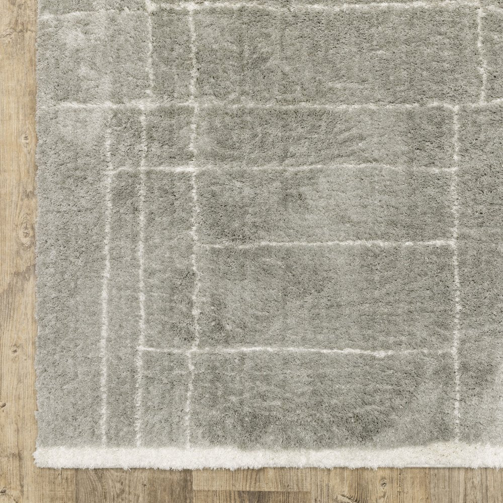 Grey and ivory geometric shag area rug, 2' x 3', power loom, stain resistant.