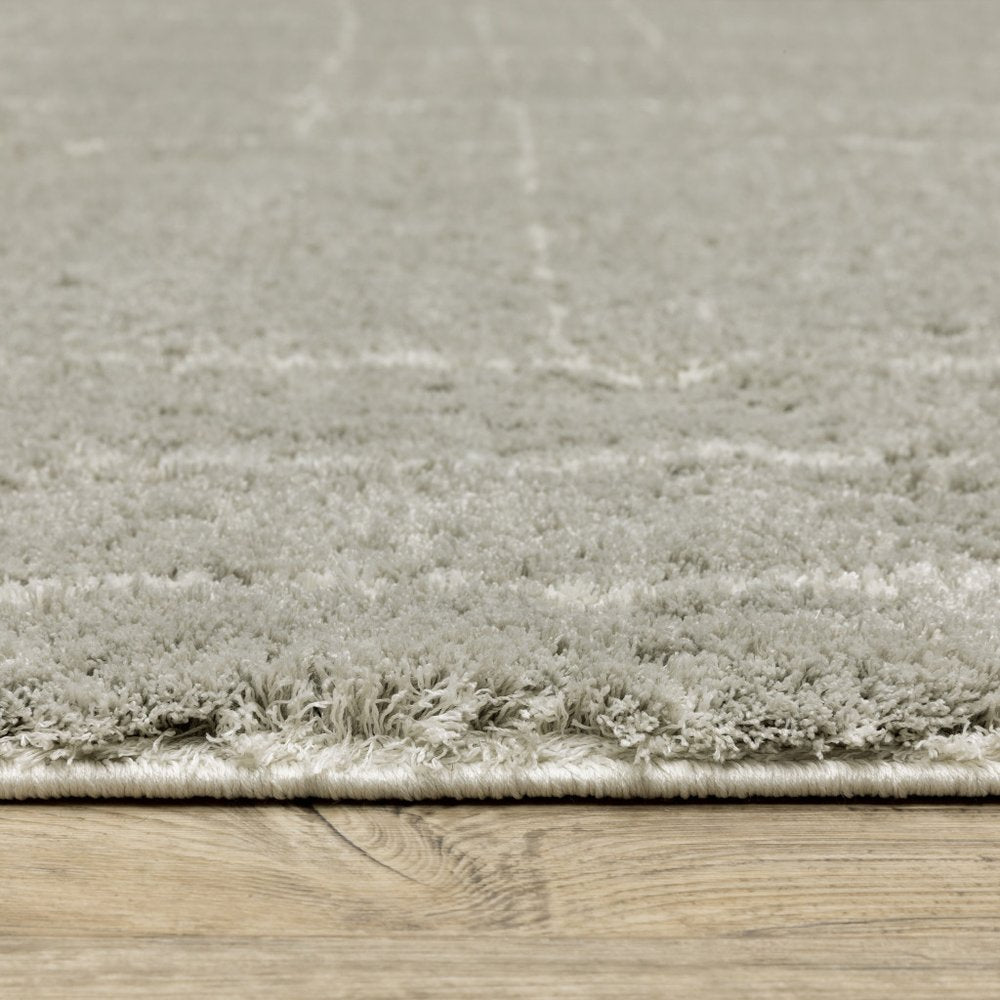 Grey And Ivory Geometric Shag Area Rug, 4' X 6'.
