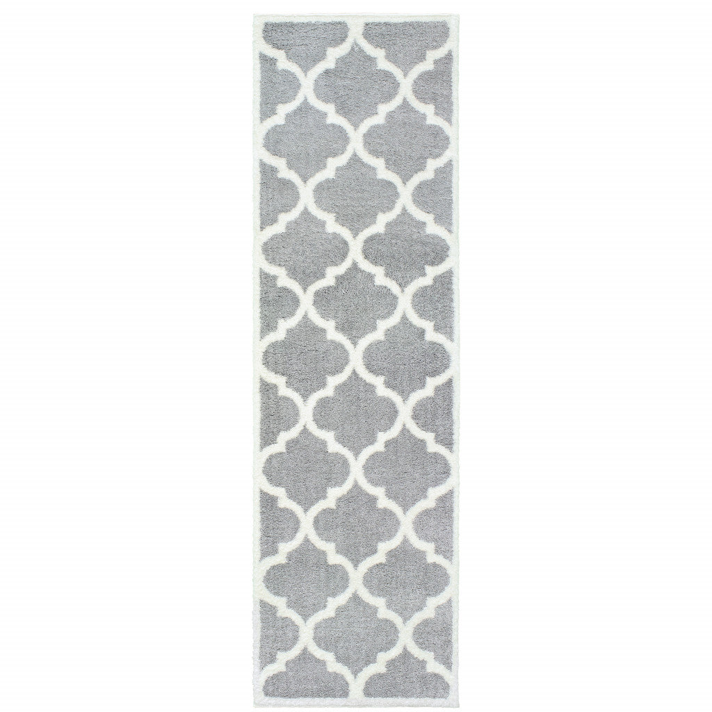 2' X 8' Grey And Ivory Geometric Shag Power Loom Stain Resistant Runner Rug