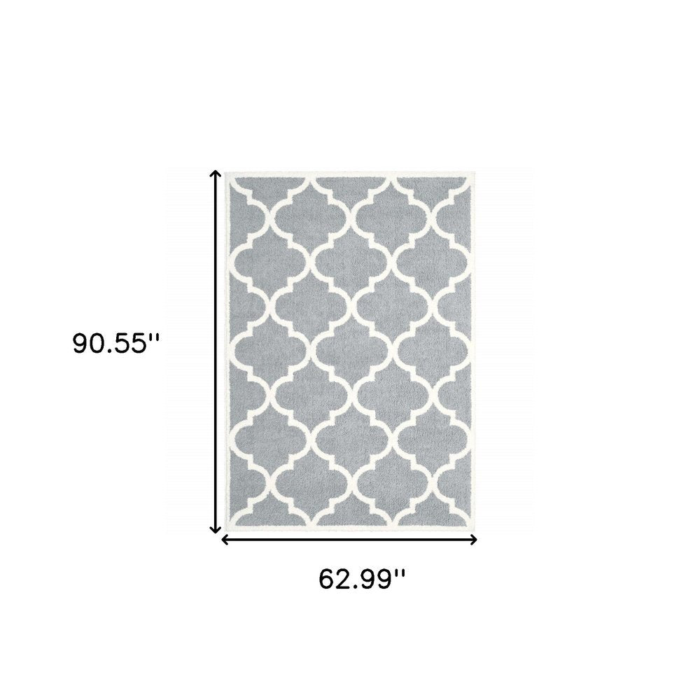 5' X 8' Grey And Ivory Geometric Shag Power Loom Stain Resistant Area Rug