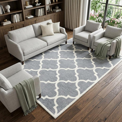 8' X 11' Gray And Ivory Geometric Shag Area Rug