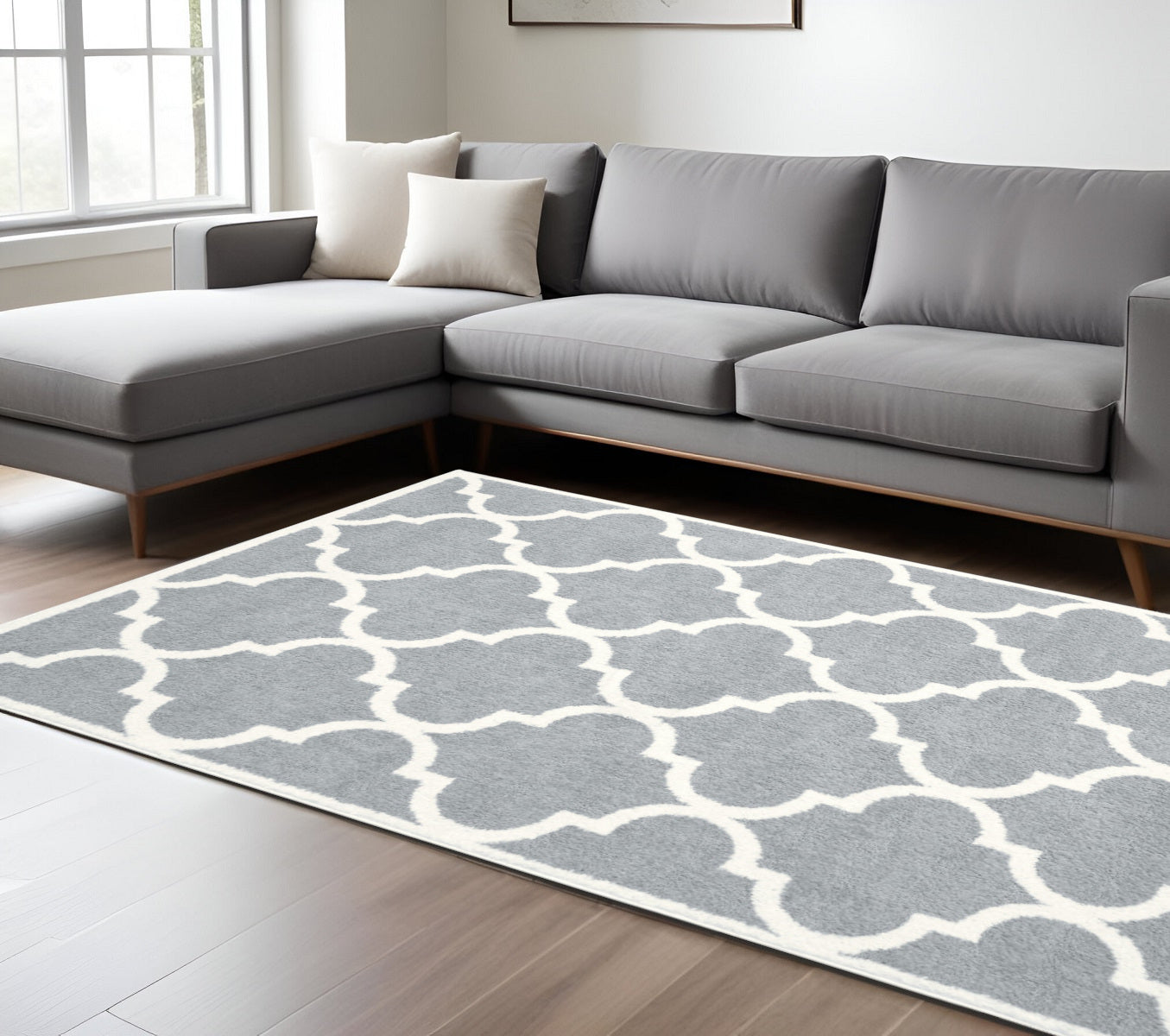 8' X 11' Grey And Ivory Geometric Shag Power Loom Stain Resistant Area Rug