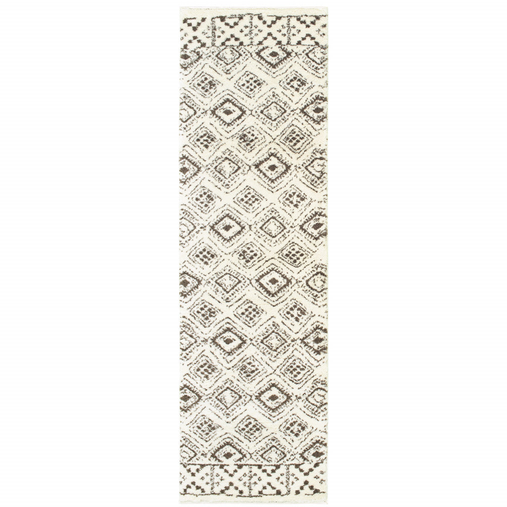 2' X 8' Ivory And Brown Geometric Shag Power Loom Stain Resistant Runner Rug