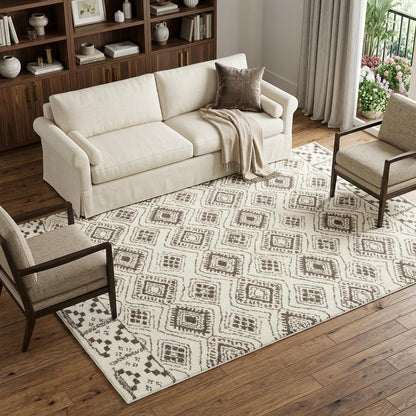 8' X 11' Ivory And Brown Geometric Shag Area Rug