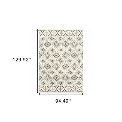 8' X 11' Ivory And Brown Geometric Shag Area Rug