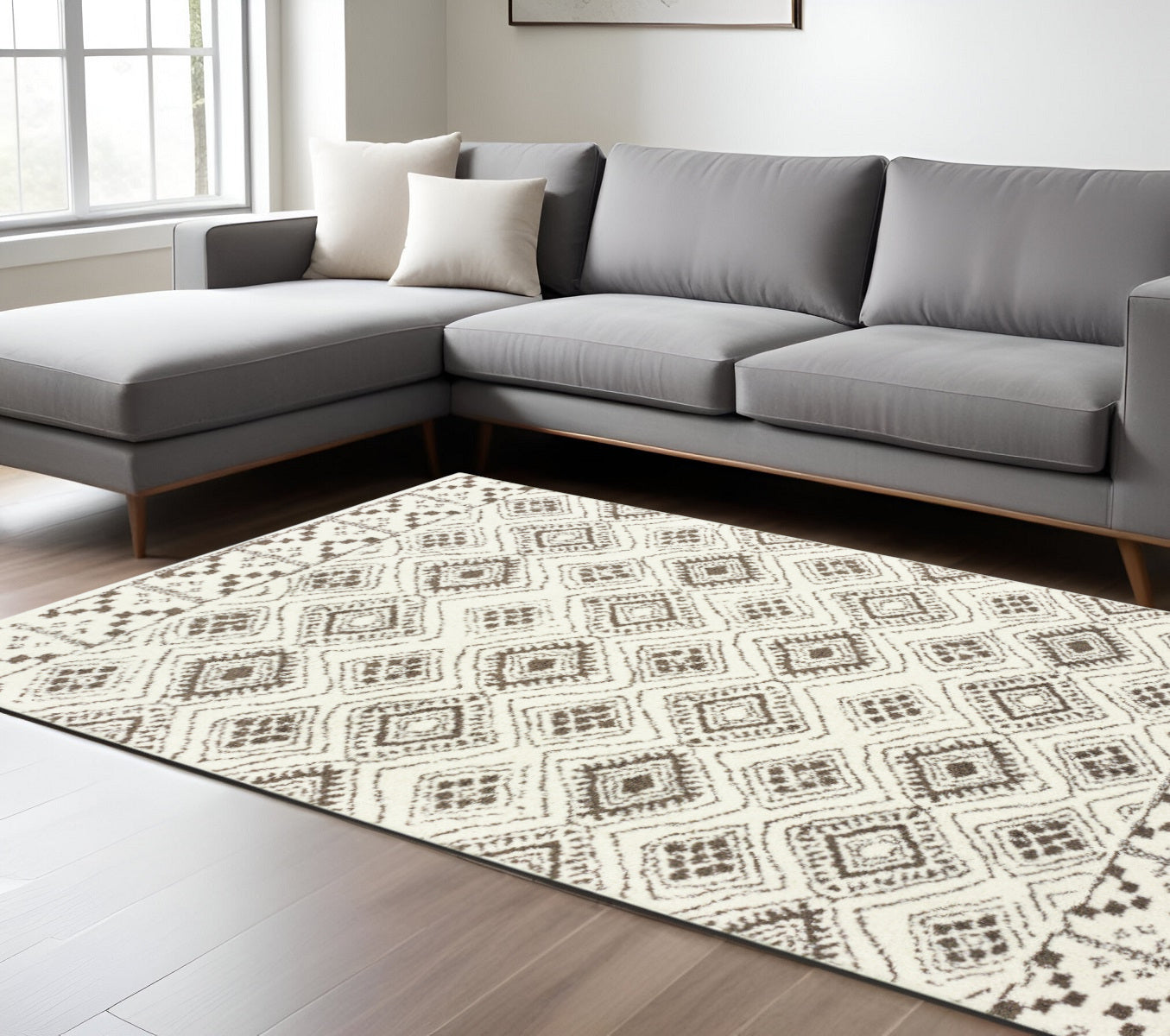 8' X 11' Ivory And Brown Geometric Shag Power Loom Stain Resistant Area Rug