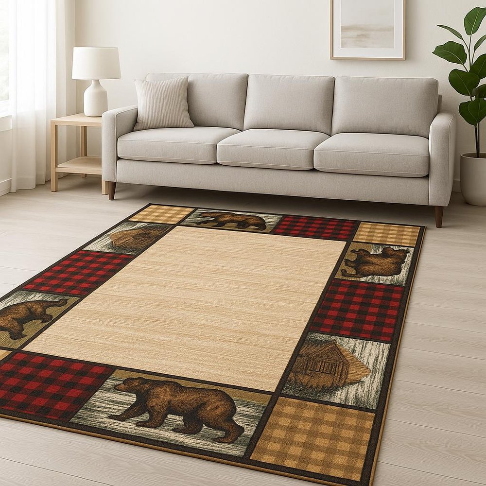 Rectangular area rug with beige center & patchwork border featuring red buffalo plaid & wildlife cabin scenes in brown & tan.
