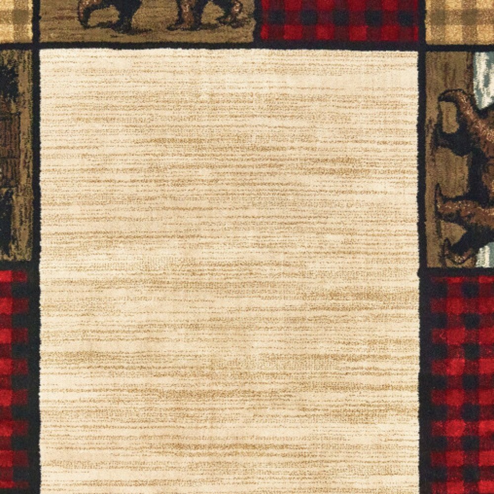 Beige central panel doormat with rustic plaid borders and animal motif panels, cabin-style rustic rug.