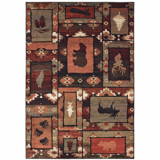 6' X 9' Brown Rust Berry Sage Green Gold And Ivory Southwestern Power Loom Stain Resistant Area Rug