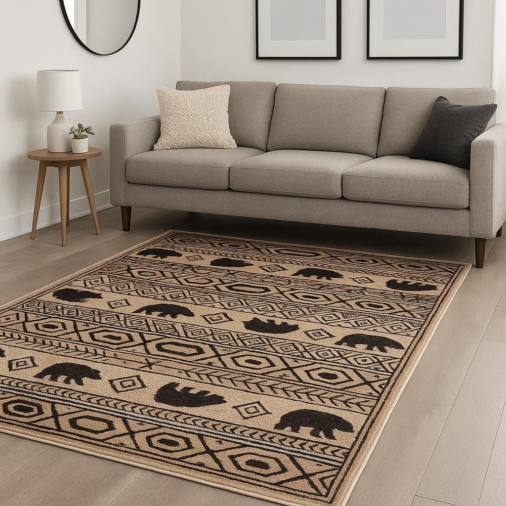 7' X 9' Ivory And Black Southwestern Area Rug