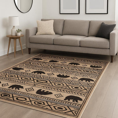 7' X 9' Ivory And Black Southwestern Area Rug