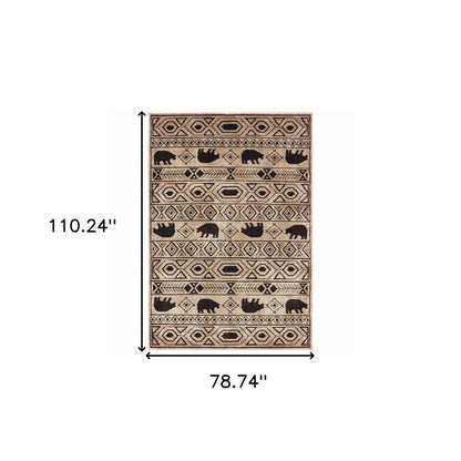 7' X 9' Ivory And Black Southwestern Area Rug