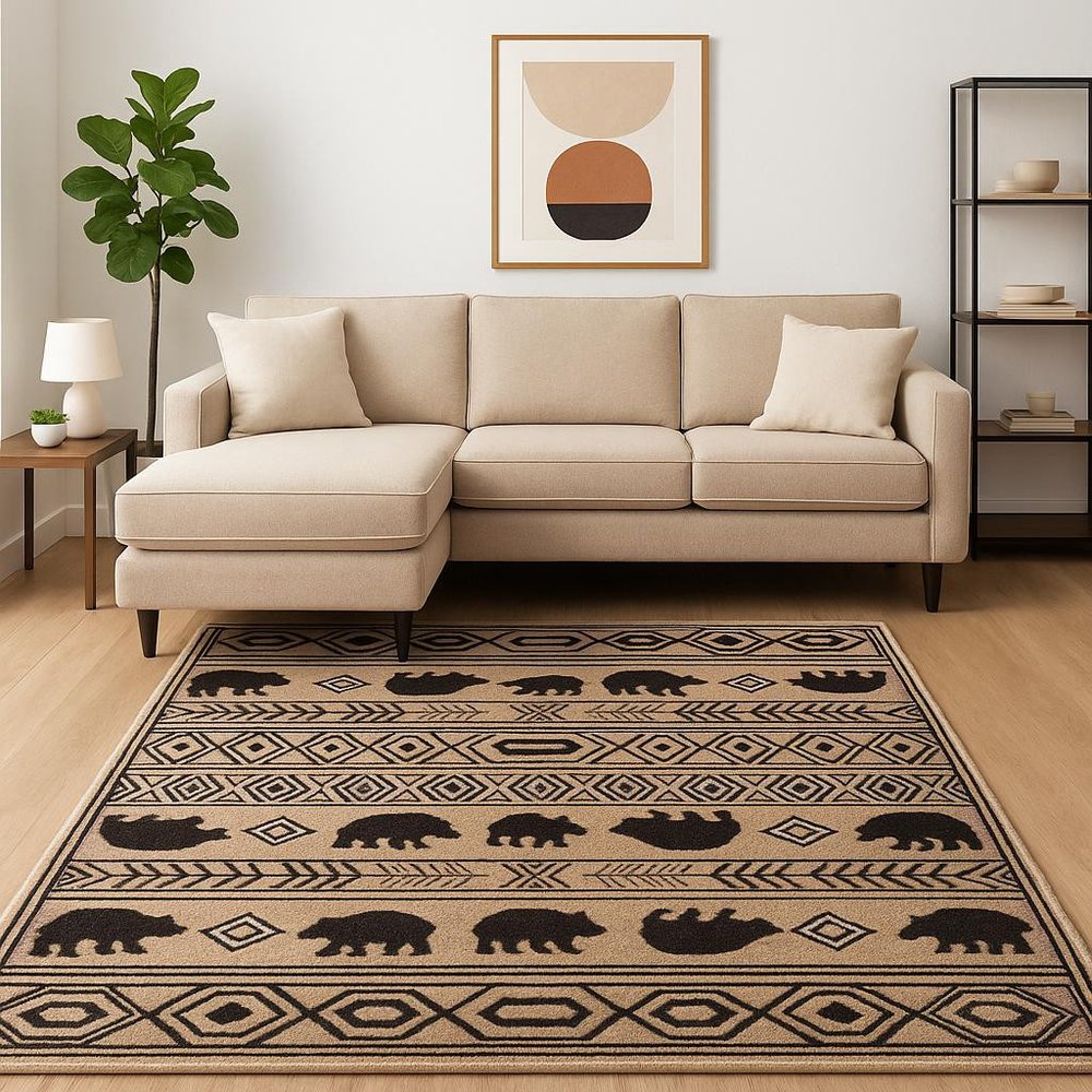 8' X 10' Ivory And Black Southwestern Power Loom Stain Resistant Area Rug