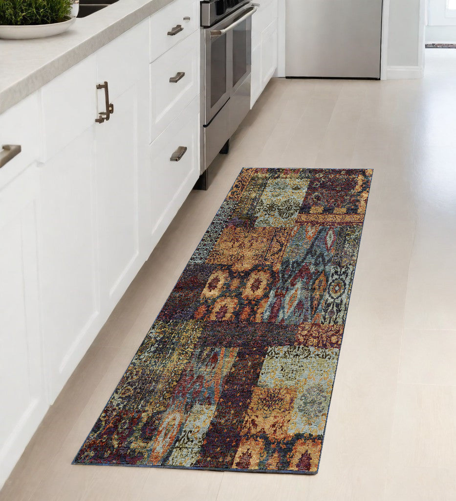 8' Runner Blue and Gold Abstract Power Loom Runner Rug