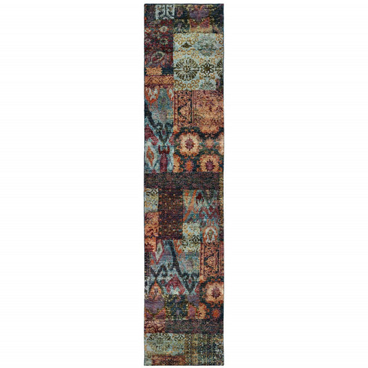 12' Blue And Red Ikat Runner Rug