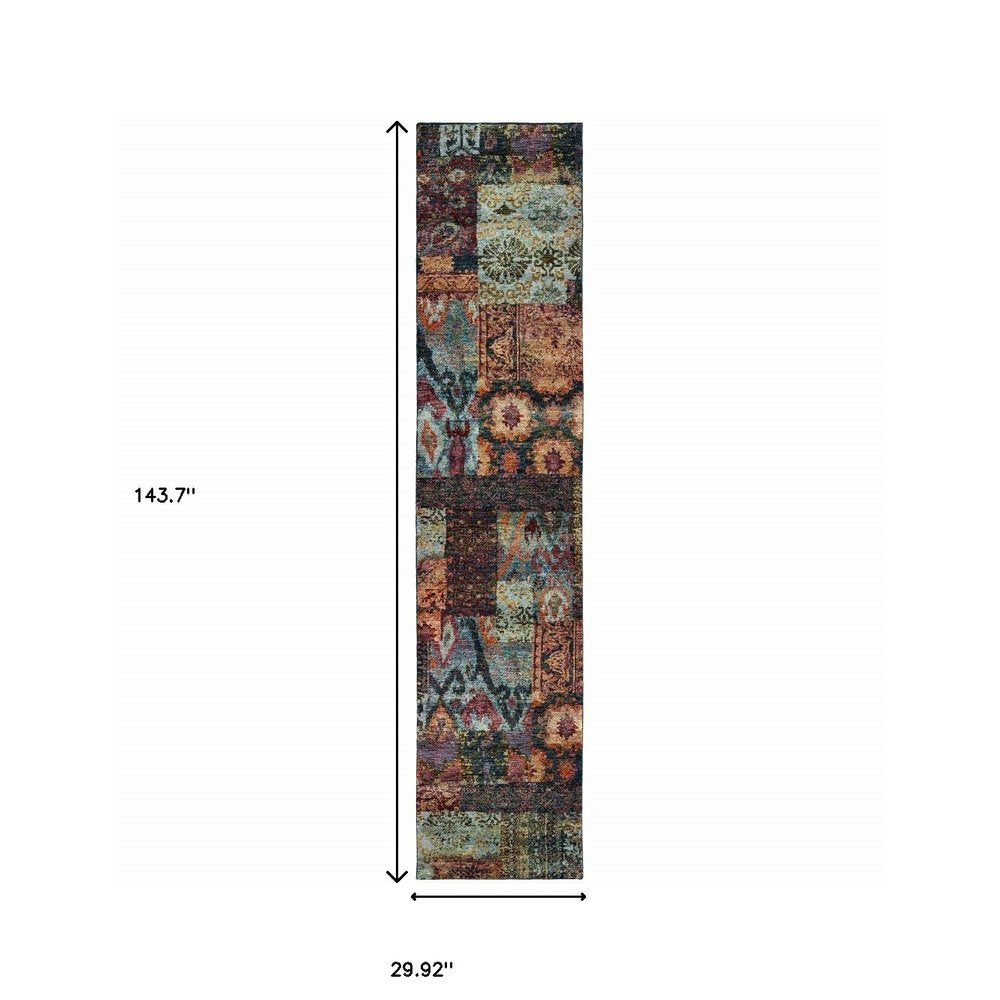 12' Blue And Red Ikat Runner Rug