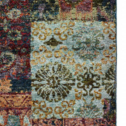 12' Blue And Red Ikat Runner Rug