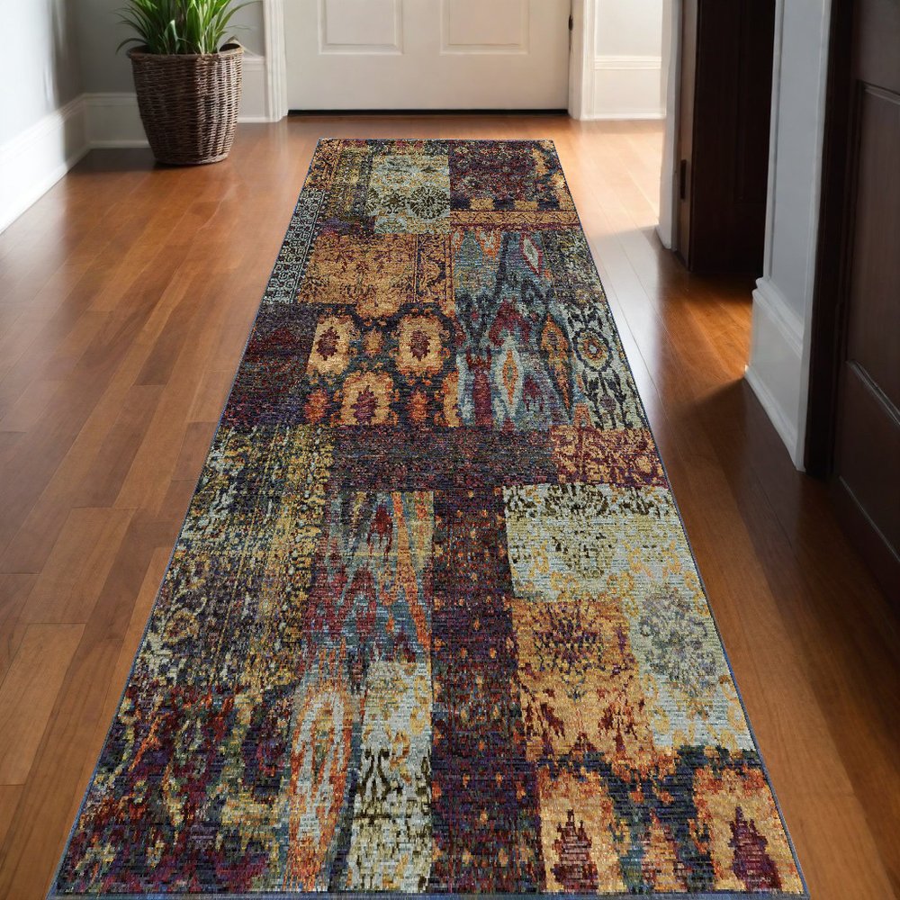 12' blue and red ikat runner rug