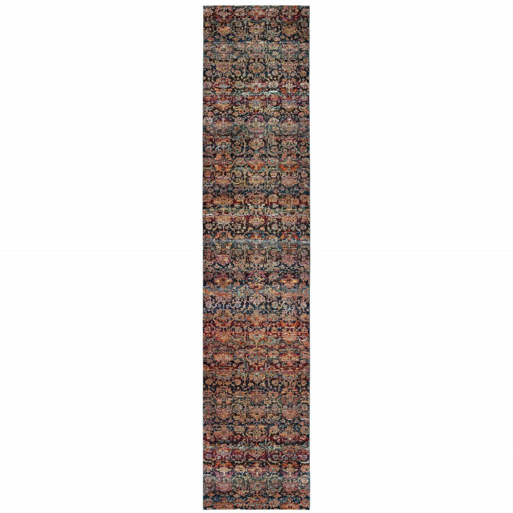 Long oriental runner rug with dense floral pattern in navy, orange, cream and red tones.