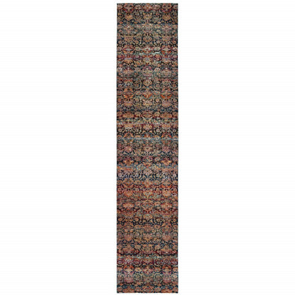 Long oriental runner rug with dense floral pattern in navy, orange, cream and red tones.
