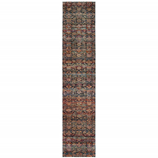Long oriental runner rug with dense floral pattern in navy, orange, cream and red tones.