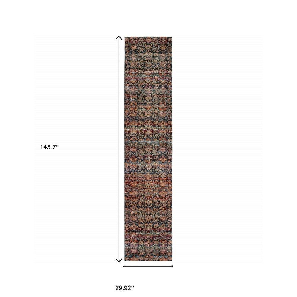 Narrow oriental rug with floral motif in brown, red & beige; 143.7 in x 29.92 in.