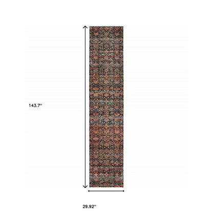 Narrow oriental rug with floral motif in brown, red & beige; 143.7 in x 29.92 in.